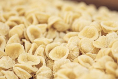 Güney İtalya 'nın bir bölgesi olan Puglia veya Apulia' nın tipik el yapımı makarnası, buğday ve suyla yapılan taze orekchiette veya orekchietta, yakın plan.