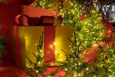 Kırmızı kurdeleli büyük altın bir hediye kutusu parıldayan peri ışıklarıyla süslenmiş küçük Noel ağaçlarının arasında duruyor.