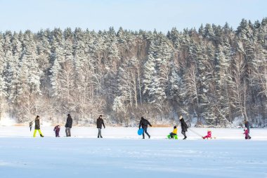 Vilnius, Litvanya - 11 Ocak 2026: İnsanlar kış tatilinin tadını çıkarıyor ve güneşli bir günde, çocuklarla ve slaytlarla dolu donmuş bir gölde yürüyorlar.