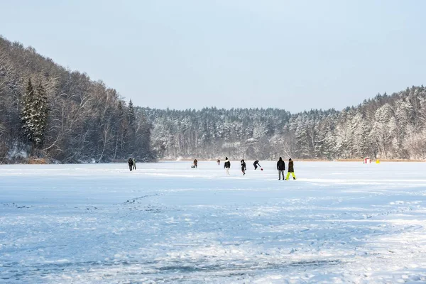İnsanlar kış tatilinin tadını çıkarıyor ve güneşli bir günde karlı ağaçlarla çevrili donmuş bir gölde yürüyorlar.