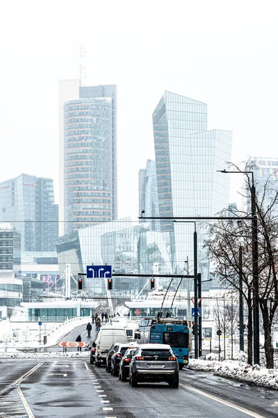 Vilnius, Litvanya - 8 Şubat 2026: Vilnius, Litvanya 'nın modern iş finans bölgesi, kışın modern binalar ve gökdelenler