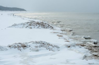 Donmuş dalgalarla dondurucu kış deniz manzarası, Litvanya 'nın Palanga kentindeki Baltık Denizi' nde karlı bir kıyı şeridi boyunca yüzen buzlar.