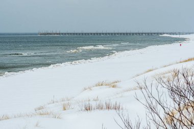 Kışın karla kaplı kıyı kum tepeleri, sakin bir kış denizine karşı yükselen kıyı otları, sahilde yürüyen az sayıda insan ve uzaktaki bir rıhtımla.
