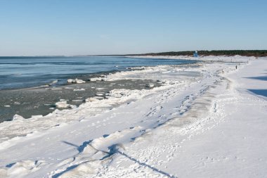 Donmuş dalgalarla buzlu kış deniz manzarası, karlı bir kıyı şeridi boyunca yüzen buzlar ve Litvanya 'nın Palanga kentindeki Baltık Denizi' nde yürüyen insanlar.