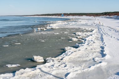 Donmuş dalgalarla buzlu kış deniz manzarası, karlı bir kıyı şeridi boyunca yüzen buzlar ve Litvanya 'nın Palanga kentindeki Baltık Denizi' nde yürüyen insanlar.