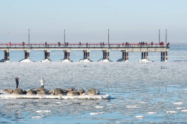 Durgun kış denizi, solgun bir gökyüzünün altında yüzen buz kütleleriyle ve arka planda Palanga ahşap köprüsü ya da iskelesiyle benekli.