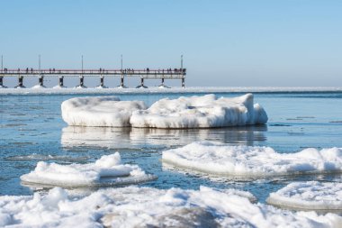 Durgun kış denizi, solgun bir gökyüzünün altında yüzen buz kütleleriyle ve arka planda Palanga ahşap köprüsü ya da iskelesiyle benekli.