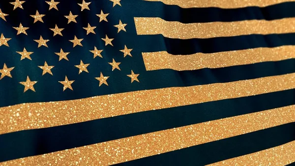 华丽的节日金色的七月四日和阵亡将士纪念日的横幅 星条旗和深蓝色背景的条纹 崇敬民主自由与武装力量的爱国闪耀的美国国旗 — 图库照片