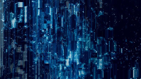 Defected blue  HUD interface 3D Illustration with abstract digital code. Concept glitch background as cyberpunk computer meltdown overlay with fragments and hex code of alien communication decrypt