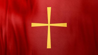 Ayinsel kırmızı kadife kumaş fotokopi alanı üzerine Altın Hıristiyan Haçı. Online ibadet için 3D illüstrasyon İsa 'nın Doğrulama, Kutsal Cuma, Palm Sunday ve Pentecost' taki tutkusunu sembolize ediyor..