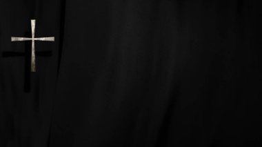 Fotokopi alanında altın Hıristiyan Haçı. Çevrimiçi ibadet için 3D illüstrasyon. Yas ve Ruhlar Günü 'nde canlı yayında kilise vaazı. Ayin ayini ve keder kavramı.