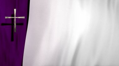 Ayinsel menekşe ve beyaz fotokopi uzayı üzerinde gümüş Christian Cross ile saten sallıyor. Çevrimiçi ibadet için 3D illüstrasyon konsepti Advent ve Paskalya Perhizi 'ndeki kilise vaazı kefaret ve matemi sembolize ediyor.
