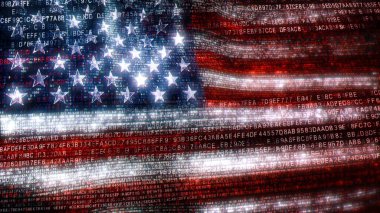 İkili ve altıgen kodların dijital dünyasında ABD. İnternet ve Amerikan meselelerinin siber uzayda karşılaştığı modern zorlukları anlatan bilgisayar koduyla Yıldızlar ve Çizgiler afişini 3D olarak tasvir et