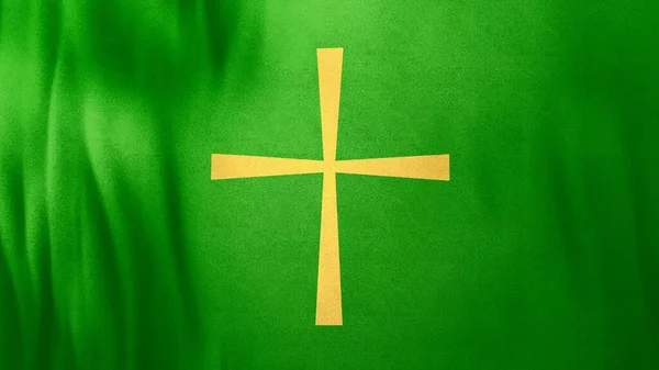 Waving flag of Byzantine Christian Cross on liturgic green. 3D illustration for online sermon and church events in Ordinary Time symbolizing hope and anticipation in the resurrection of Christ.