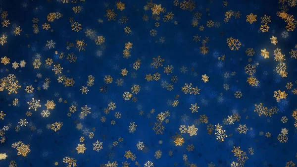 Golden snowflakes sparkle glitter background with bokeh effect and selective focus. Festive Christmas and New Year\'s Eve wallpaper concept as a bright gold on blue full-frame abstract backplate.