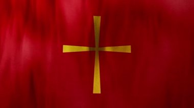 Ayin kırmızı kadife kumaş fotokopi uzayı döngüsünde Altın Hristiyan Haçı. Online ibadet için 3 boyutlu animasyon İsa 'nın Doğrulama, Kutsal Cuma, Palm Sunday ve Pentecost' taki tutkusunu sembolize ediyor..