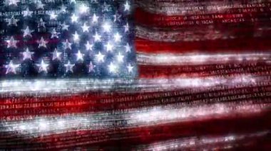 İkili ve altıgen kodların dijital dünyasında ABD. İnternet ve Amerikan meselelerinin siber uzayda karşılaştığı modern zorlukları anlatan bilgisayar koduyla 3D Yıldız ve Çizgili Sancak Sancaklarının Animasyonu