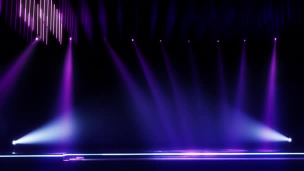 製品表示プレゼンテーションスポットライトとマーケティング賞の広告のための紫色の抽象的なファッションモックアップステージ ライトアップされた懐中電灯とキャットウォークでコンセプトアニメーションの背景をループ — ストック動画