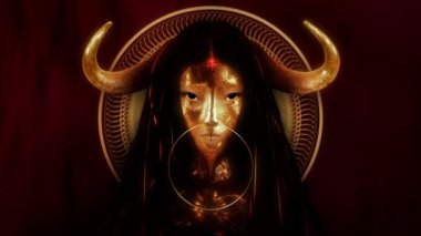Altın Öküz Tanrıça karakteri, kopyalama alanı olan temiz versiyonu. Modern yorumlama olarak zengin oryantal süslemeleri olan Metal Öküz Zodiac karakteri kavramı.