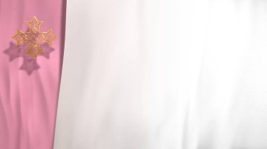 Ayinsel fotokopi alanında altın Hıristiyan haçı sallayan saten. Çevrimiçi ibadet için 3D illüstrasyon konsepti Advent ve Paskalya Perhizi 'ndeki kilise vaazı kefaret ve matemi sembolize ediyor.