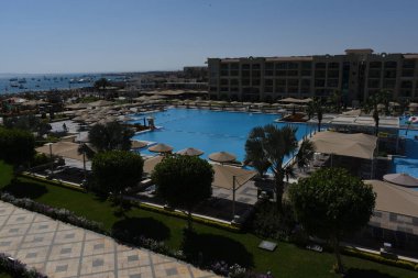 Süslü ağaçlar ve çalılar-Hurghada-Mısır. Parlak renklerde çeşitli şekillerde, havuz kenarındaki yeşil desenli yapraklar ve doğu tarzı binalar. 