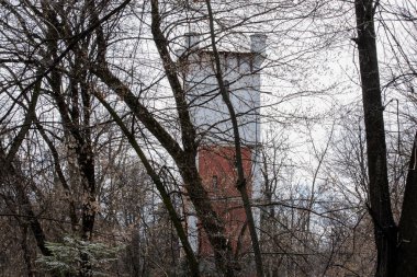 1909 'da girişimci Petre Pontuzzi tarafından inşa edilen Trgu Jiu Halk Bahçesi' ndeki yapraksız ağaçlar arasında görülen su kalesi.