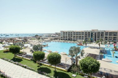 Süslü çalılar-Hurghada-Mısır çeşitli şekillerde parlak renklerde, havuz kenarındaki yeşil desenli yapraklar ve doğu tarzı binalar 