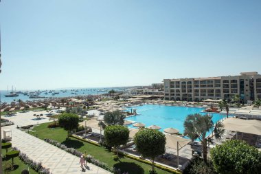 Süslü çalılar-Hurghada-Mısır çeşitli şekillerde parlak renklerde, havuz kenarındaki yeşil desenli yapraklar ve doğu tarzı binalar 