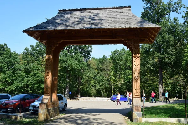 Maramures kapısı, meşe ağacından yapılmıştır, genellikle farklı geleneksel çiçek motiflerine sahip en az üç sütun ve kapının üst eşiği kiremitlerle kaplıdır.