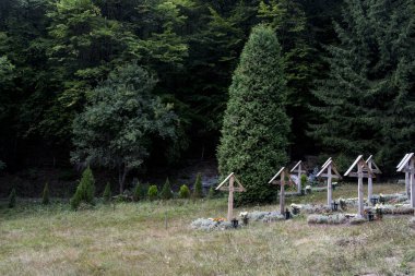 Prislop Manastırı 'nın içindeki küçük mezarlık. Peder Arsenie Boca' nın ebedi uykusunu uyuduğu mezarlık. Oyma ahşap bir pavyon tarafından korunuyor.