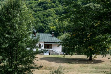 Yeşil çayır manzarası, farklı özlerden ağaçlarla dolu bir orman ve Prislop Manastırı 'ndaki rahibelerin evi için bir hücre. 