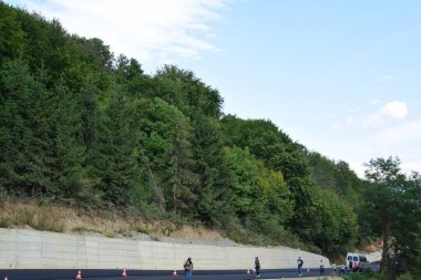 Yeşil çayır manzarası, farklı özlerden ağaçlarla dolu bir orman ve Prislop Manastırı 'ndaki rahibelerin evi için bir hücre. 