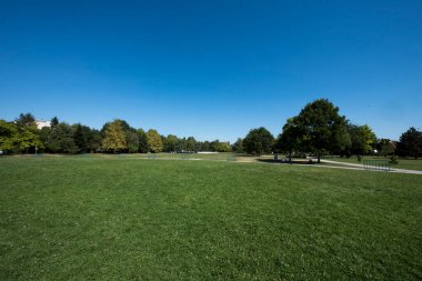 Egzotik ağaçları olan Infinity Sütun Parkı, sütun erişim sokağı, turist bankları ve iyi bakımlı çimenlikleri