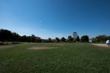 Egzotik ağaçları olan Infinity Sütun Parkı, sütun erişim sokağı, turist bankları ve iyi bakımlı çimenlikleri