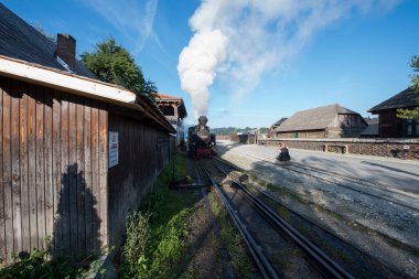 Yukarıdaki Viseu 'dan Mocanita, Maramures, Romania ülkenin en önemli kültürel ve teknik değerlerinden biri, yukarıdaki Viseu' dan Mocanita, buharlı lokomotifli son orman demiryolu.