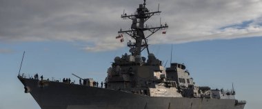GUIDED MISSILE DESTROYER - An American warship sails on the sea