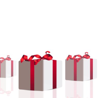 Noel hediyeleri ve ladin dalları kırmızı arka planda. Gerçekçi hediye kutuları. Güzel metin yazmak için boş alan. Soyut Tasarım. EPS10