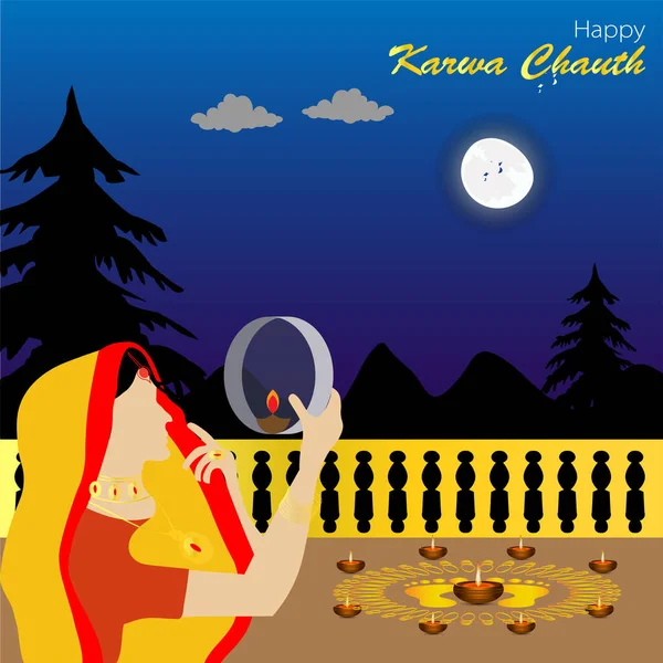 Ilustración Vectorial Para Karwa Chauth Festival Indio Día Que Las — Vector de stock
