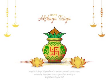 Vector illustration of Akshaya Tritiya celebration with a golden kalash,gold bar and gold coins on decorated background. Abstract design. clipart