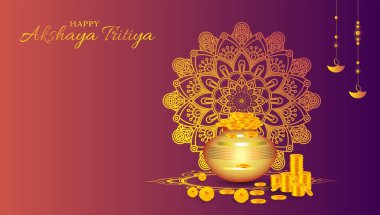 Akshaya Tritiya kutlamasının vektör illüstrasyonu altın kalaş, altın külçe ve altın sikkelerle süslenmiş arka planda. Soyut tasarım.