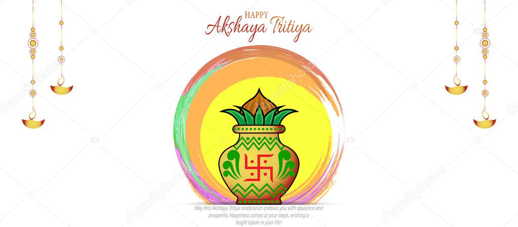 Vector illustration of Akshaya Tritiya celebration with a golden kalash,gold bar and gold coins on decorated background. Abstract design.