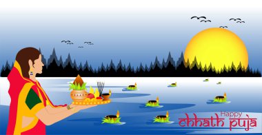 Sunrise 'ın Vektör İllüstrasyonu ve suyun yansıması. Chhas eski bir Hindu Vedic festivali. Chhas puja soyutlaması.