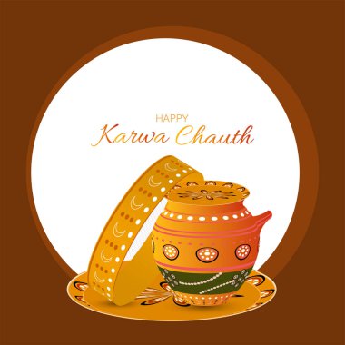 Bir Hint festivali olan Karwa Chauth için vektör ilüstrasyonu, eşlerin gün boyunca oruç tuttukları ve ay doğduktan sonra oruç tuttukları gün..