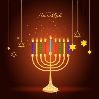 Mutlu Hanukkah 'lar, Yahudi Işık Festivali sahnesi, mutlu çocuklu aileler. Menorah (geleneksel şamdan) ve mumlarla arka plan