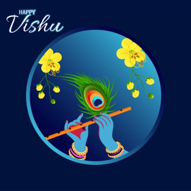  Mutlu Vishu 'nun tasviri. Krishna 'ya tapmak. Cassia fistül çiçeği.
