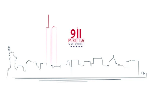 Vatanseverlik Günü 911 yıldönümü temsilcisi. New York 'un yüksek binaları ve beyaz arka planda ikiz kule dünya ticaret merkezi bulunan ABD Vatanseverler Günü afişi. Asla unutmayacağız..