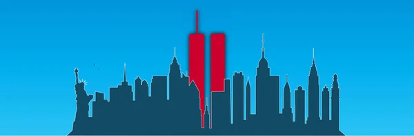 Vatanseverlik Günü 911 yıldönümü temsilcisi. New York 'un yüksek binaları ve beyaz arka planda ikiz kule dünya ticaret merkezi bulunan ABD Vatanseverler Günü afişi. Asla unutmayacağız..
