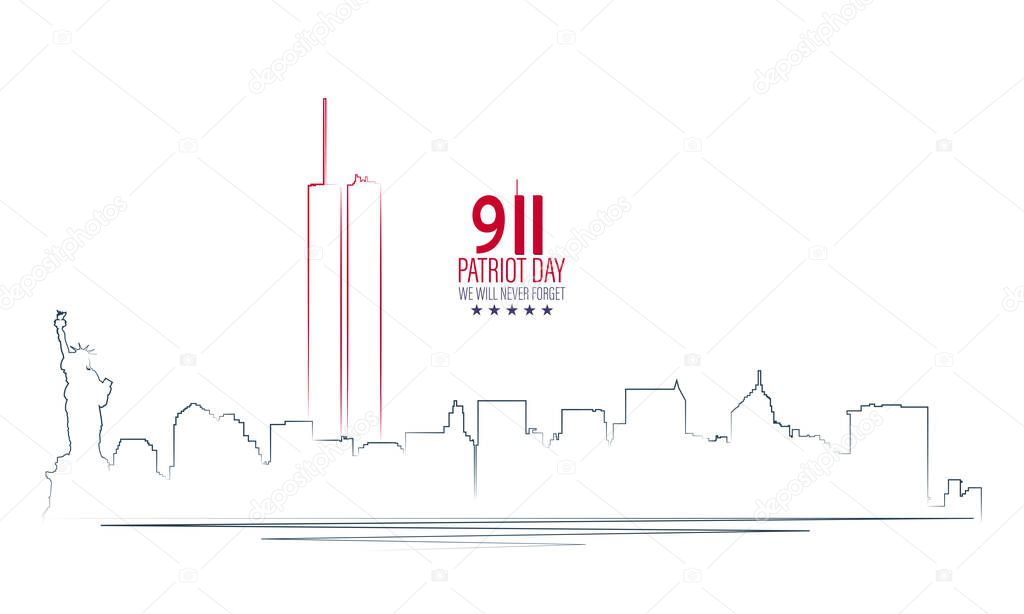 Vector illustration of Patriot Day 911 anniversary. USA Patriot Day banner with high rise towers of New York along with twin tower world trade center on white background. We will never forget.