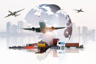 Dünya lojistik geçmişi veya ulaşım sektörü veya nakliye sektörü, konteyner sevkiyatı, kamyon teslimatı, uçak, ithalat ihracat kavramı