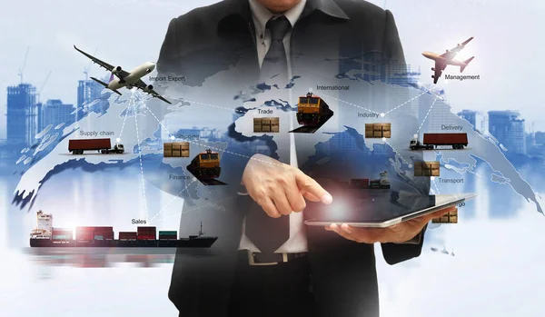 Double Exposure Man World Map Logistic Network Distribution Background Logistics — Stock Photo, Image